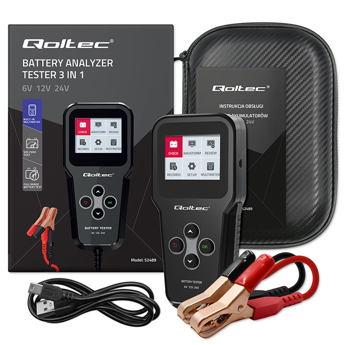 Digitální analyzátor a tester baterií Qoltec 3 v 1 s LCD displejem a vícejazyčným zobrazením 6V, 12V, 24V, 10Ah-200Ah