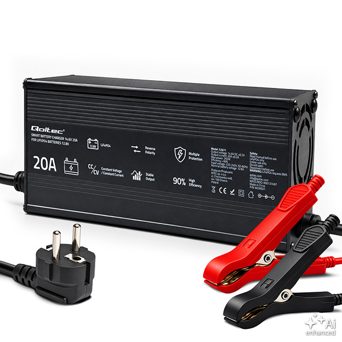Specializovaná nabíječka Qoltec pro LiFePO4 baterie 12V, 20A, PF 0.9, LED, Chytré nabíjení