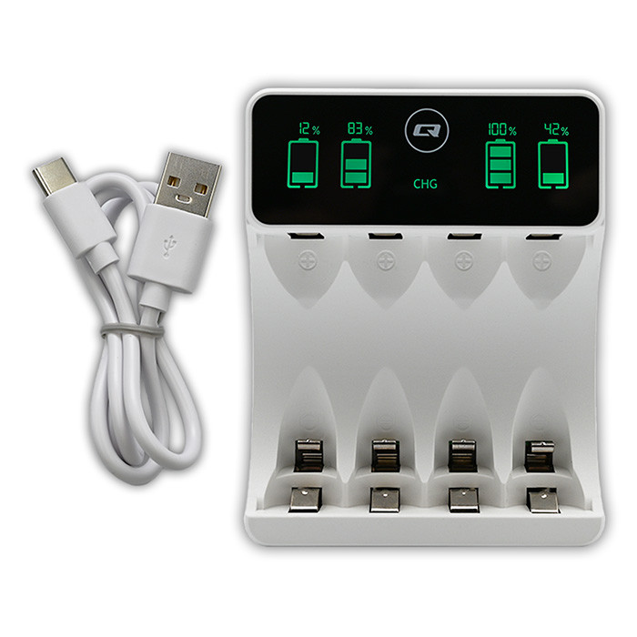 Nabíječka Ni-MH baterií Qoltec R03 AAA R6 AA | LCD | Kabel USB-C | Bílá