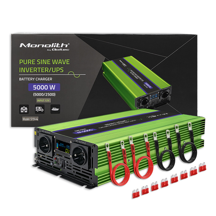 Qoltec Pure Sine Wave | s integrovanou nabíječkou baterií | UPS | 2500W | 5000W | 12V na 230V | LCD