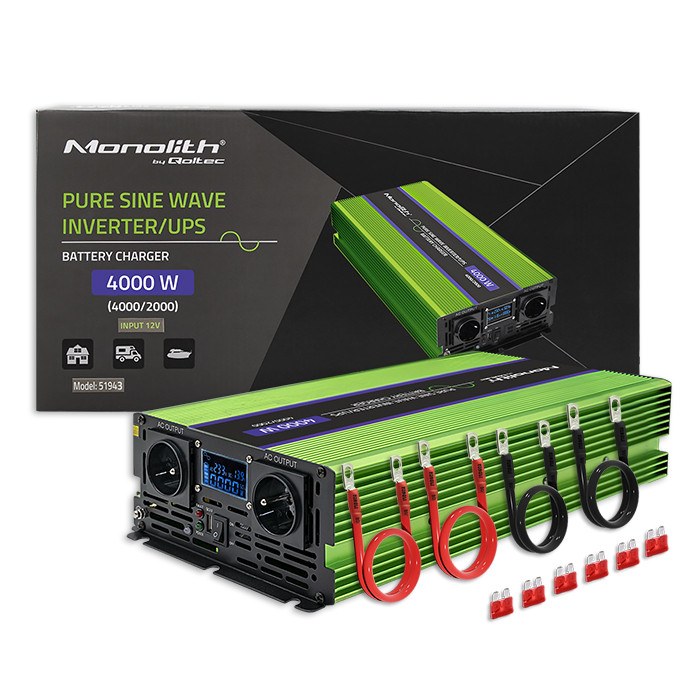 Qoltec Pure Sine Wave | s integrovanou nabíječkou baterií | UPS | 2000W | 4000W | 12V na 230V | LCD