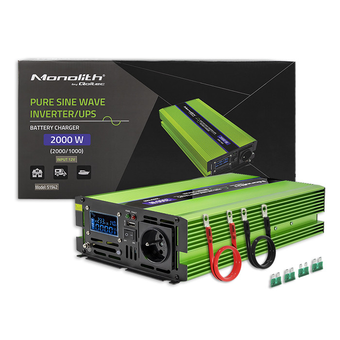 Qoltec Pure Sine Wave | s integrovanou nabíječkou baterií | UPS | 1000W | 2000W | 12V na 230V | LCD