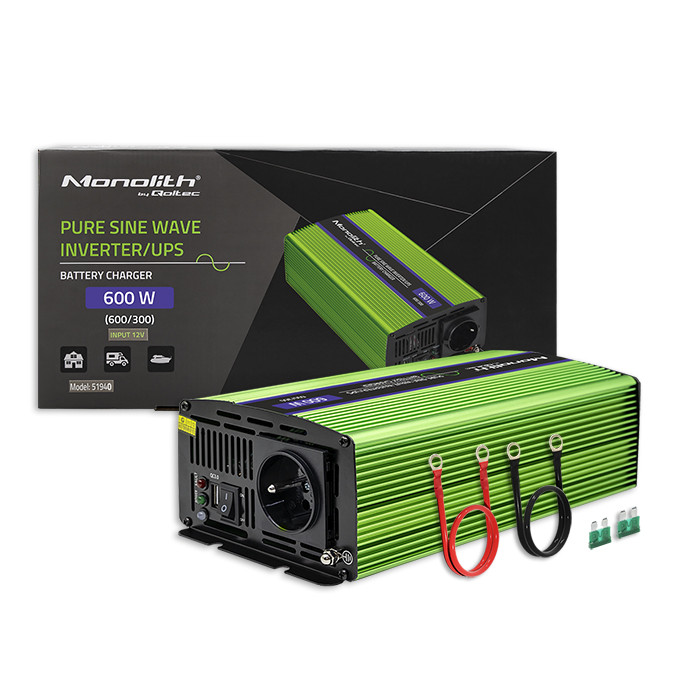 Qoltec Pure Sine Wave | s integrovanou nabíječkou baterií | UPS | 300W | 600W | 12V na 230V