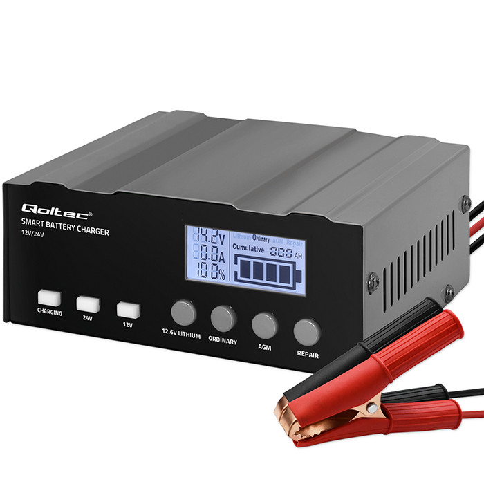 Inteligentní mikroprocesorová nabíječka Qoltec 12A | 12V | 24V | s LCD a funkcí opravy pro AGM GEL LiFePO4 baterie