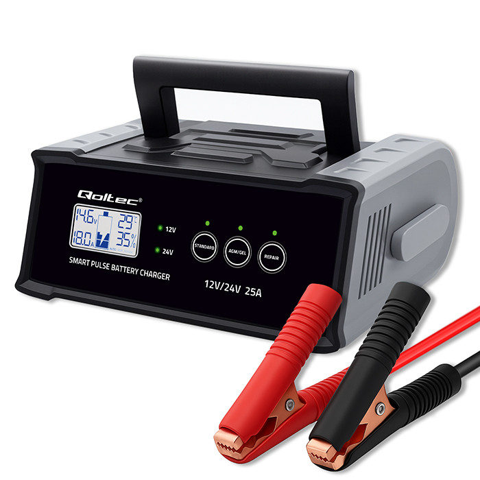 Inteligentní mikroprocesorová nabíječka Qoltec 12V 24V 25A | s funkcí opravy pro AGM GEL SLA baterie | LCD