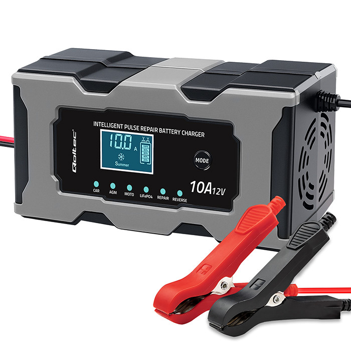Inteligentní mikroprocesorová nabíječka Qoltec 12V 10A s funkcí opravy pro AGM GEL LiFePO4 baterie | LCD