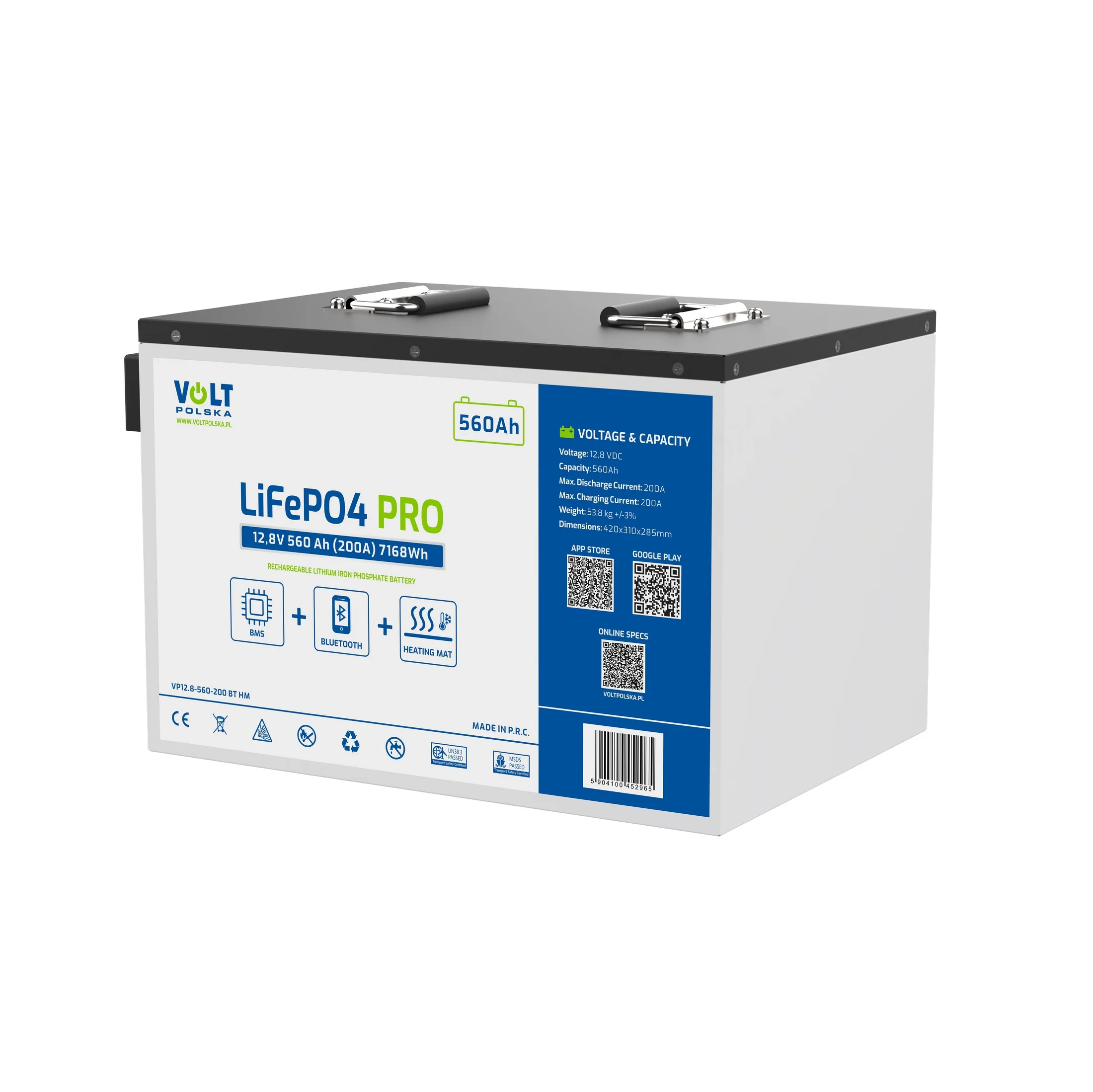 VOLT LiFePO4 PRO 12,8V 560Ah (200A) BMS BLUETOOTH + TOPNÁ ROHOŽ
