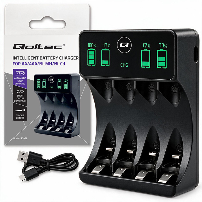Nabíječka Ni-MH baterií Qoltec R03 AAA R6 AA | LCD | Kabel USB-C | Černá