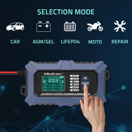 Qoltec Inteligentní mikroprocesorová nabíječka s testerem baterií a funkcí opravy 12V 6A
