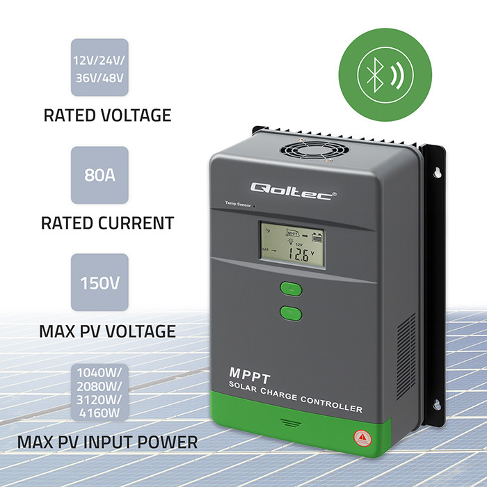 Solární regulátor Qoltec MPPT s teplotním senzorem 80A | 12V / 24V / 36V / 48V | LCD | Bluetooth | Aplikace | Gel | LiFePO4