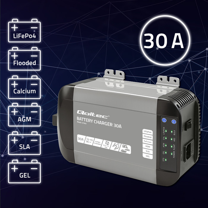 Inteligentní profesionální monolitní nabíječka Qoltec 30A 12V