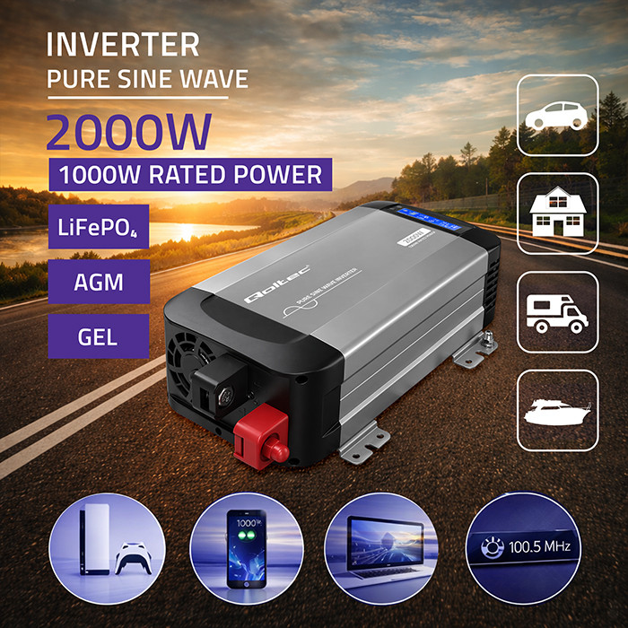 Měnič napětí Qoltec s čistou sinusoidou 12V na 230V 1000/2000W