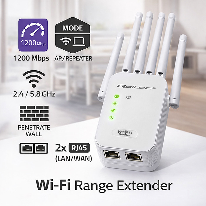 Zesilovač signálu Qoltec WiFi 5, Opakovač, Přístupový bod, AC1200, 6 antén, 2x RJ45, 128MB