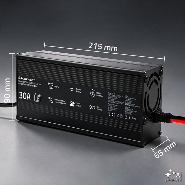 Specializovaná nabíječka Qoltec pro LiFePO4 baterie 12V, 30A, PF 0.9, LED, Chytré nabíjení