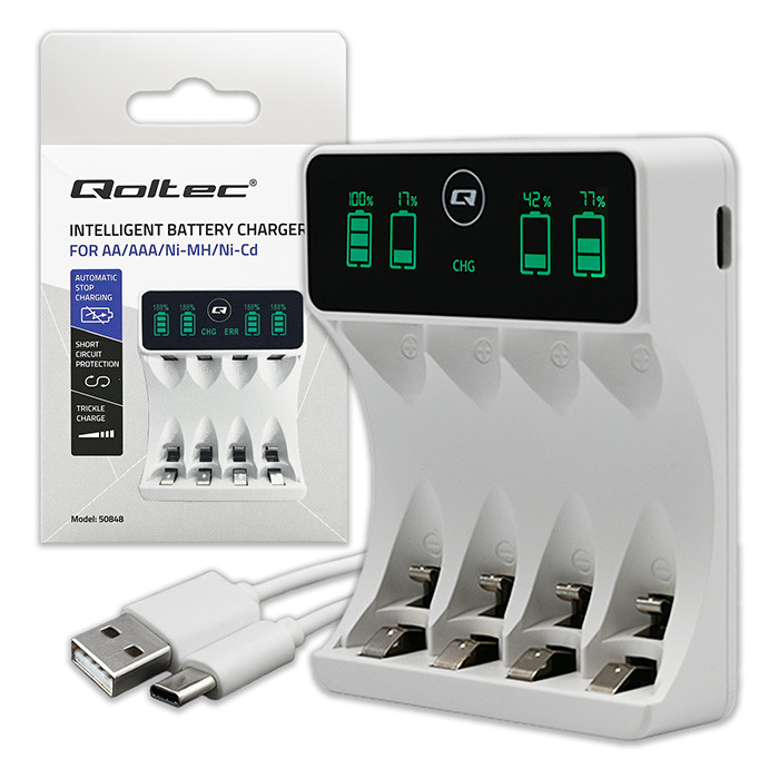Nabíječka Ni-MH baterií Qoltec R03 AAA R6 AA | LCD | Kabel USB-C | Bílá