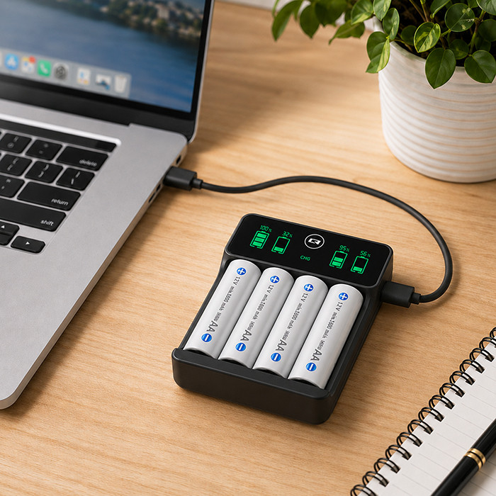 Nabíječka Ni-MH baterií Qoltec R03 AAA R6 AA | LCD | Kabel USB-C | Černá