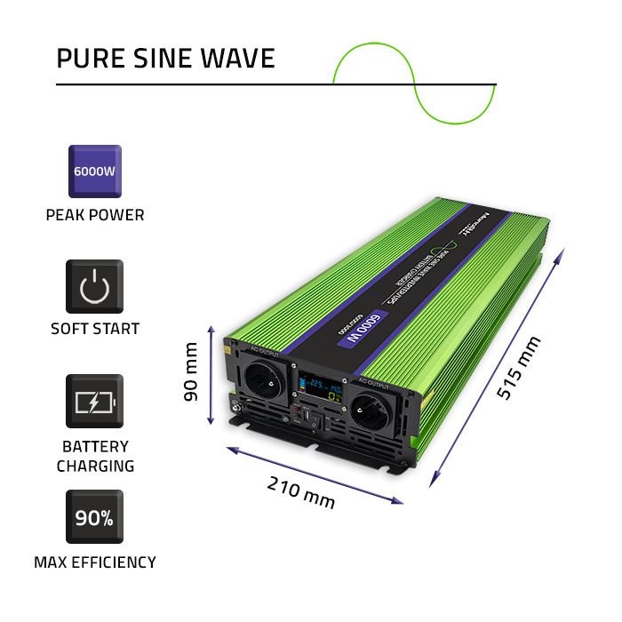 Qoltec Pure Sine Wave | s integrovanou nabíječkou baterií | UPS | 3000W | 6000W | 12V na 230V | LCD