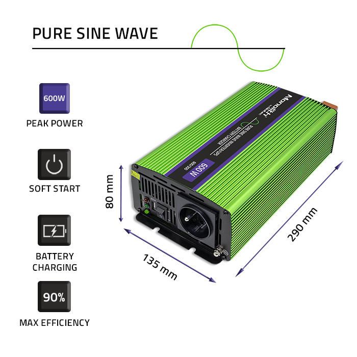 Qoltec Pure Sine Wave | s integrovanou nabíječkou baterií | UPS | 300W | 600W | 12V na 230V