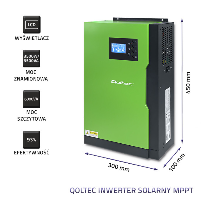 Hybridní mimosíťový solární invertor Qoltec 6KVA | 3,5 kW | 100A | 24V | MPPT | Čistá Sinus