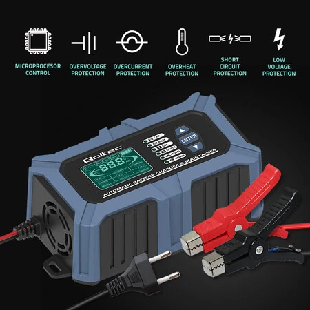 Qoltec Inteligentní mikroprocesorová nabíječka s testerem baterií a funkcí opravy 12V 6A