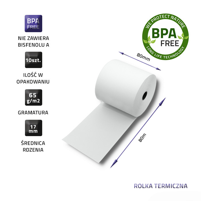 Termo role Qoltec 80 x 80 | 65 g/m2 | 10 ks | bez BPA