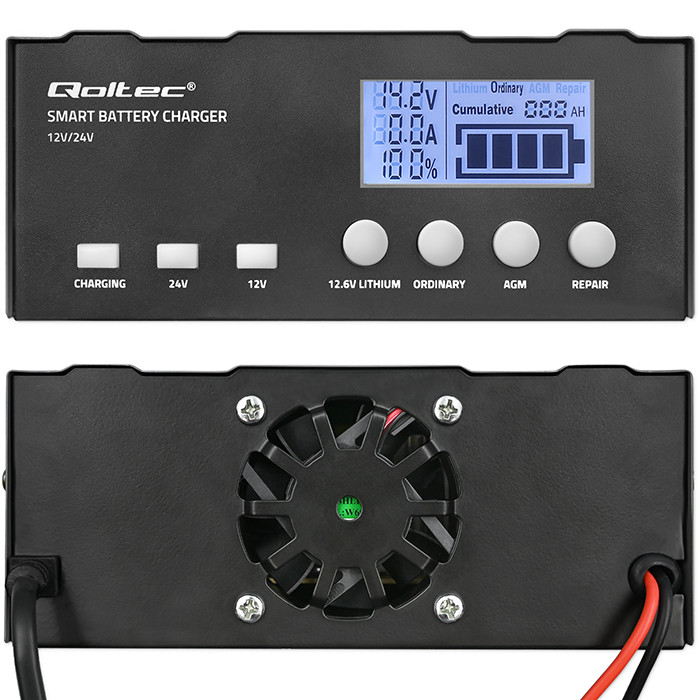 Inteligentní mikroprocesorová nabíječka Qoltec 12A | 12V | 24V | s LCD a funkcí opravy pro AGM GEL LiFePO4 baterie