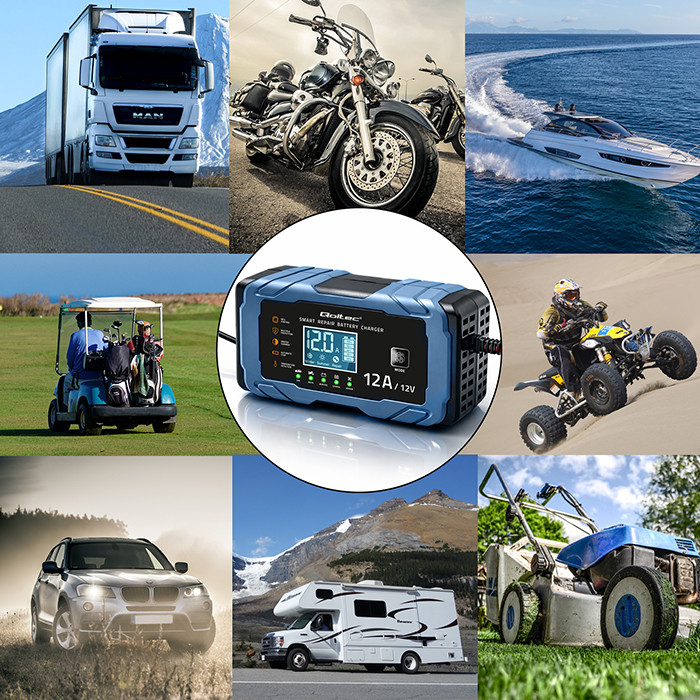 Inteligentní mikroprocesorová nabíječka Qoltec 12V 12A | s funkcí opravy | AGM GEL LiFePO4 | 9krokové nabíjení