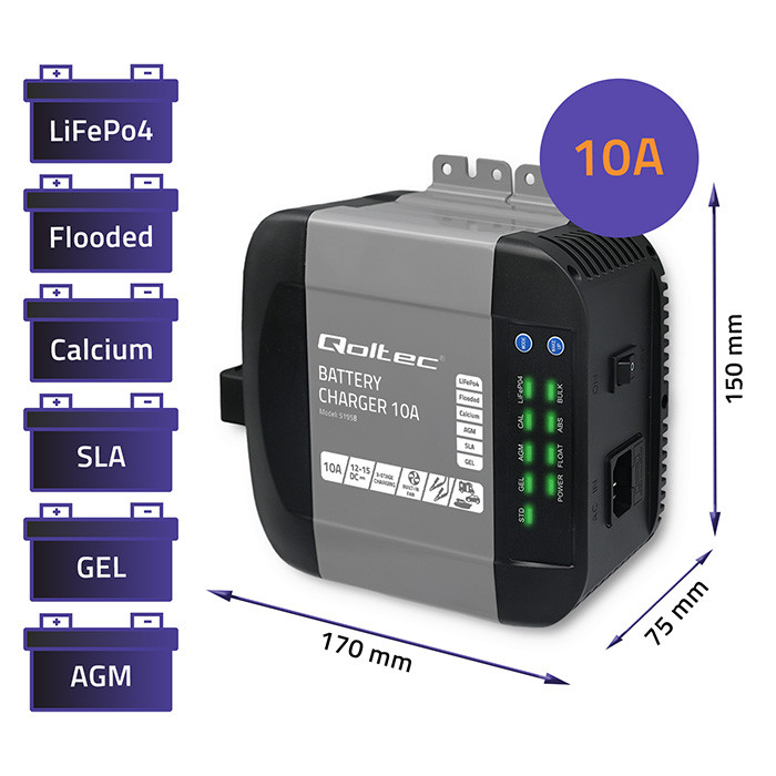 Inteligentní monolitní nabíječka Qoltec 10A 12V