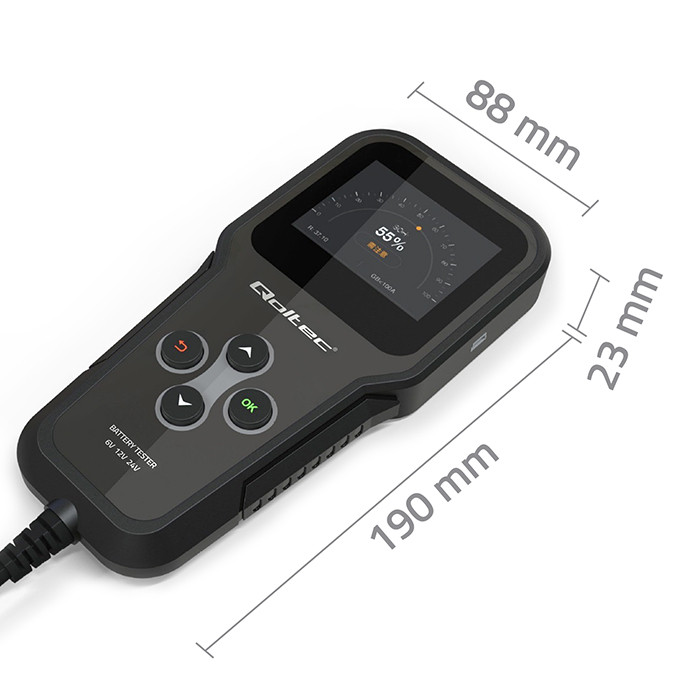 Digitální analyzátor a tester baterií Qoltec 3 v 1 s LCD displejem a vícejazyčným zobrazením 6V, 12V, 24V, 10Ah-200Ah