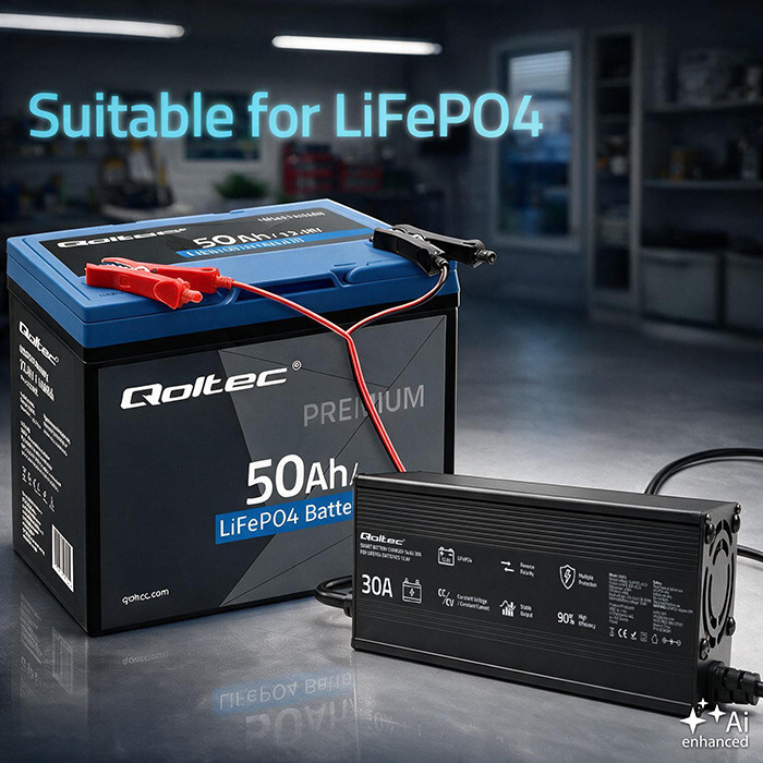 Specializovaná nabíječka Qoltec pro LiFePO4 baterie 12V, 30A, PF 0.9, LED, Chytré nabíjení
