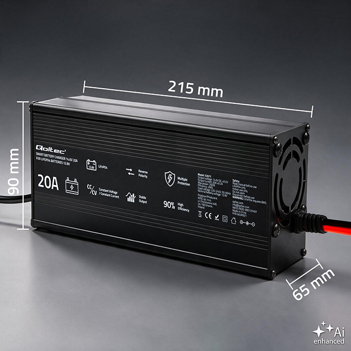 Specializovaná nabíječka Qoltec pro LiFePO4 baterie 12V, 20A, PF 0.9, LED, Chytré nabíjení