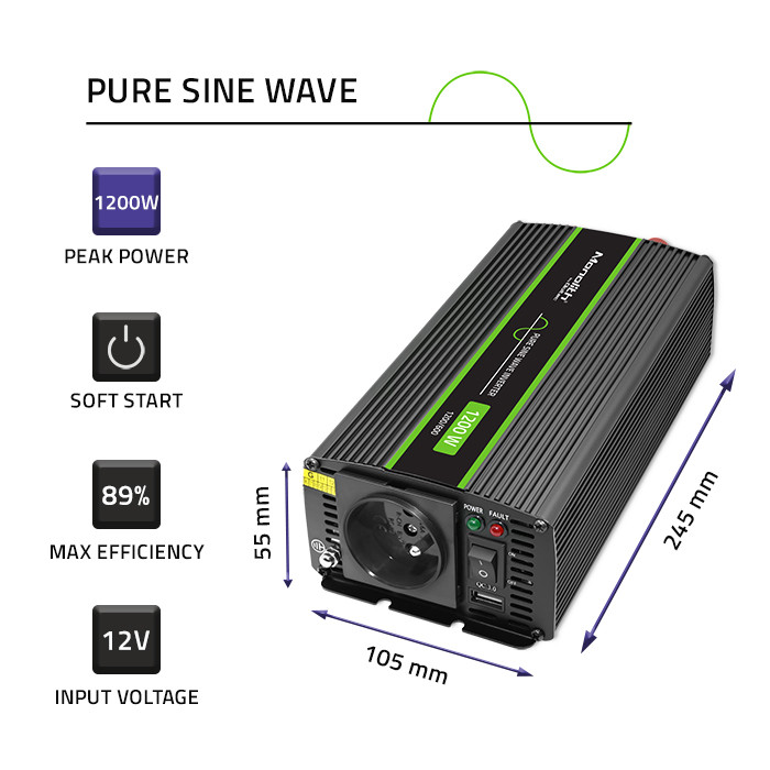 Qoltec Pure Sine Wave | 600W | 1200W | 12V na 230V