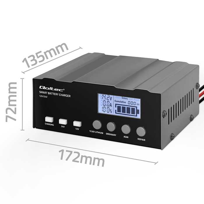 Inteligentní mikroprocesorová nabíječka Qoltec 12A | 12V | 24V | s LCD a funkcí opravy pro AGM GEL LiFePO4 baterie
