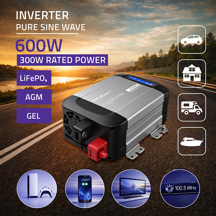 Měnič napětí Qoltec s čistou sinusoidou 12V na 230V 300/600W
