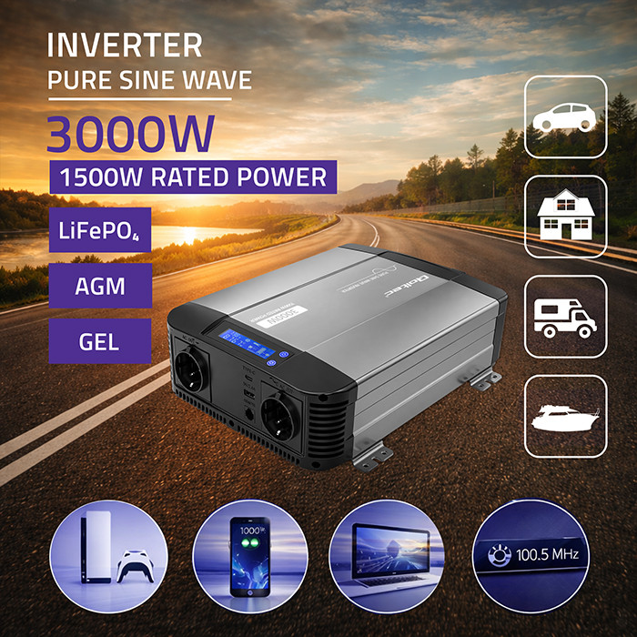 Měnič napětí Qoltec s čistou sinusoidou 12V na 230V . 1500/3000W
