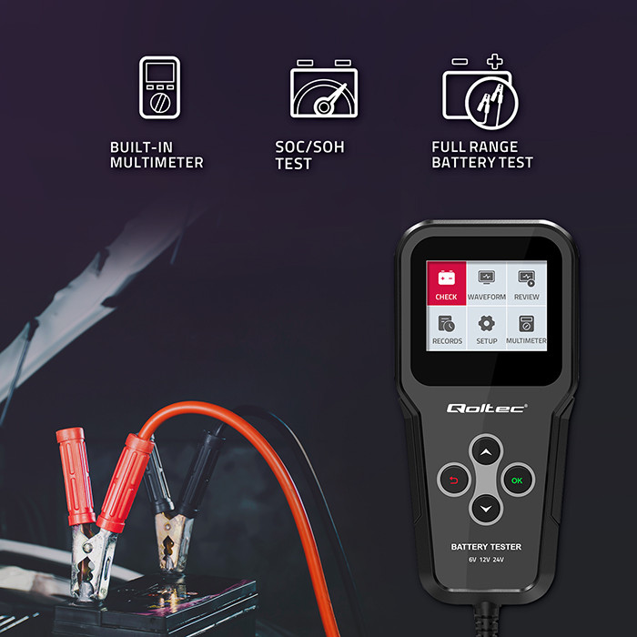 Digitální analyzátor a tester baterií Qoltec 3 v 1 s LCD displejem a vícejazyčným zobrazením 6V, 12V, 24V, 10Ah-200Ah