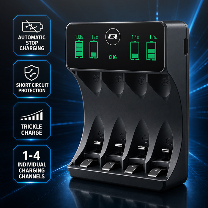 Nabíječka Ni-MH baterií Qoltec R03 AAA R6 AA | LCD | Kabel USB-C | Černá