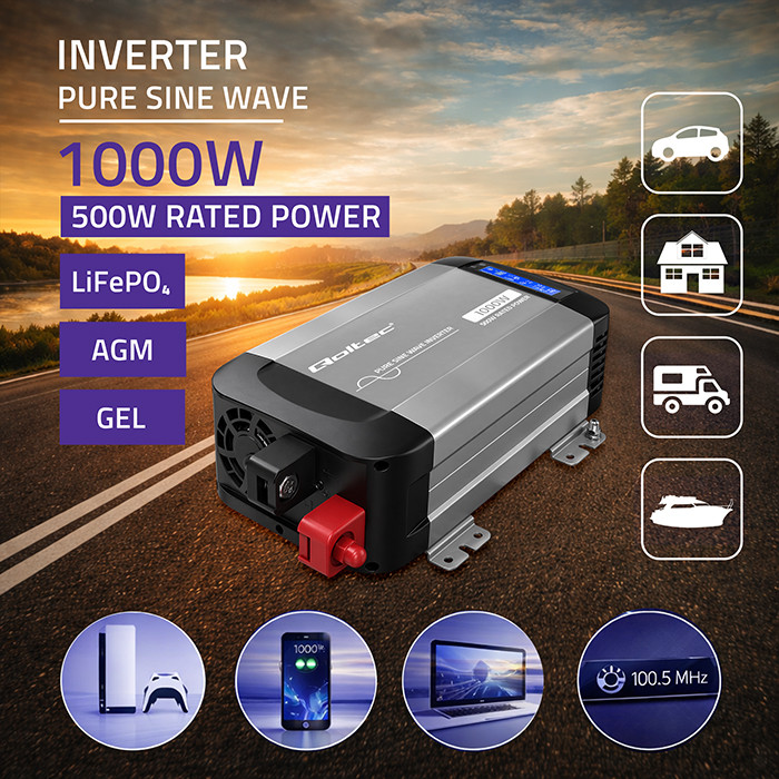 Měnič napětí Qoltec Čistá sinus 12V na 230V , 500/1000W