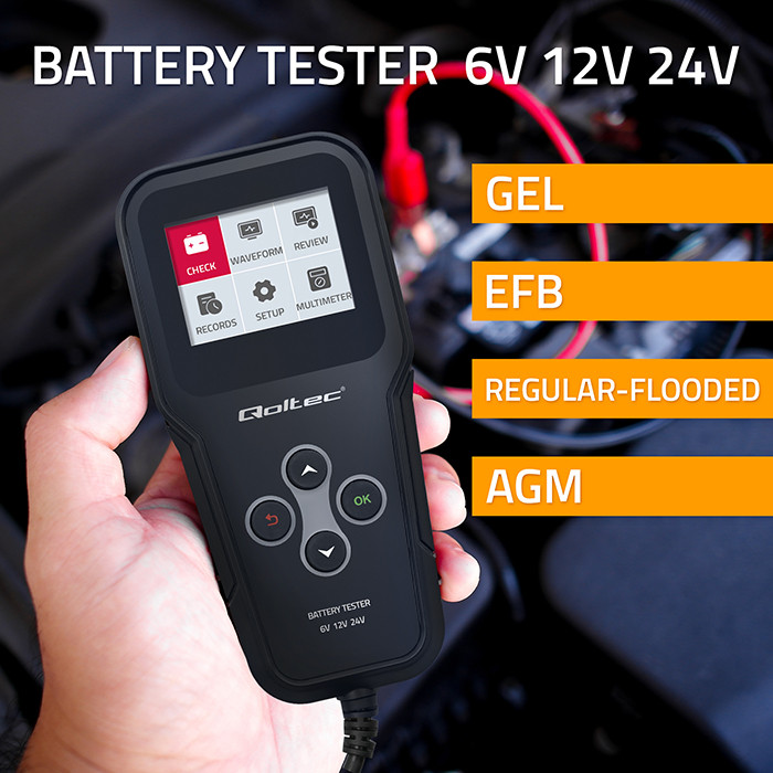 Digitální analyzátor a tester baterií Qoltec 3 v 1 s LCD displejem a vícejazyčným zobrazením 6V, 12V, 24V, 10Ah-200Ah